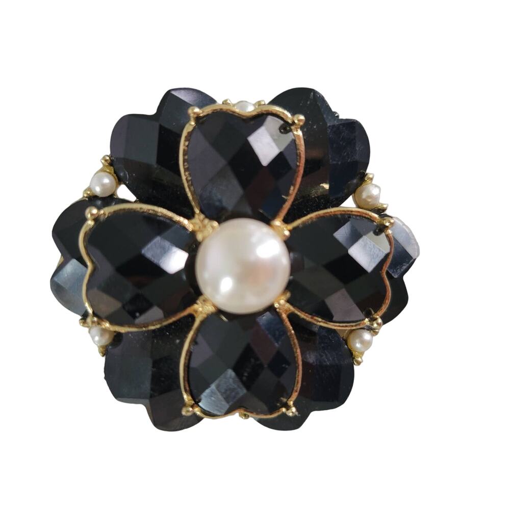 Vintage Brooch Black Shamrock Stacked Onyx Style Zircons Faux Pearl Gold Tone
